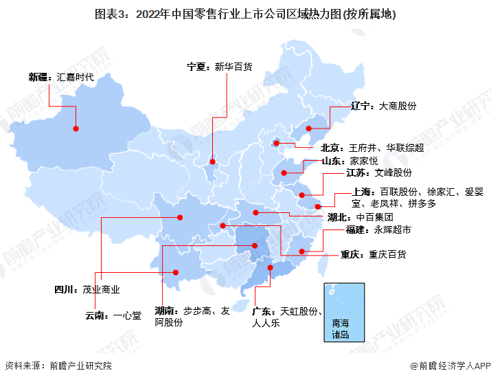 圖表3：2022年中國(guó)零售行業(yè)上市公司區(qū)域熱力圖(按所屬地)