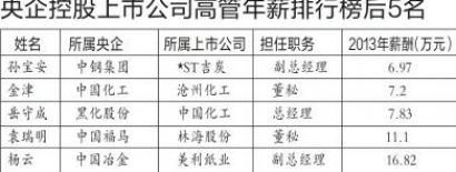 央企控股上市公司高管年薪后5名。